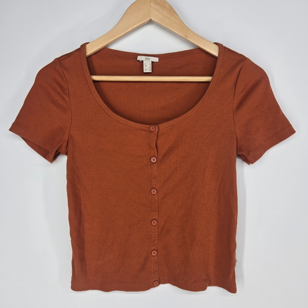EDC Esprit Henley Cropped Top Small Rust Orange Ribbed Button Front Short Sleeve